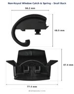 Non-Keyed Window Catch & Spring – Snail Back – Suits Comalco and Wunderlich dimension diagram. Overall size 55W x 75H x 45L mm. Every dimension measured in millimetres. TradeBase Australia part CTH6270.