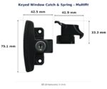 Keyed Window Catch & Spring – Multifit dimension diagram. Every dimension measured in millimetres. TradeBase Australia part CTH6305BLK.