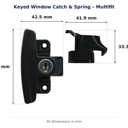 Keyed Window Catch & Spring – Multifit dimension diagram. Every dimension measured in millimetres. TradeBase Australia part CTH6305BLK.