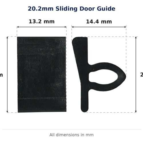 20.2mm Sliding Door Guide – Suits Sliding Windows dimension diagram - overall 14.4 mm x 20.2 mm, every dimension measured in millimetres. TradeBase Australia part GDE20.