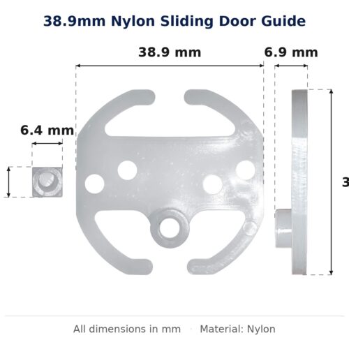 38.9mm Nylon Sliding Door Guide – Suits Wardrobe Doors dimension diagram - overall 38.9 mm x 38.5 mm, every dimension measured in millimetres. TradeBase Australia part GDE39.