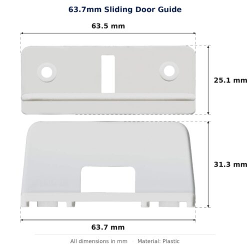 63.7mm Sliding Door Guide – Suits Timber Doors dimension diagram - overall 63.7 mm x 31.3 mm, every dimension measured in millimetres. TradeBase Australia part GDE64.