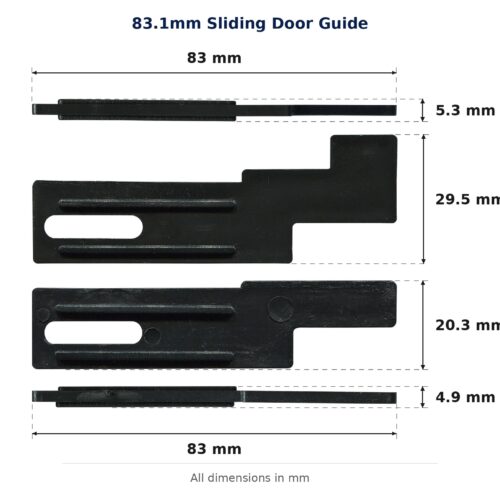 83.1mm Sliding Door Guide – Suits Screen Doors dimension diagram - overall 83.1 mm x 29.5 mm, every dimension measured in millimetres. TradeBase Australia part GDE83.