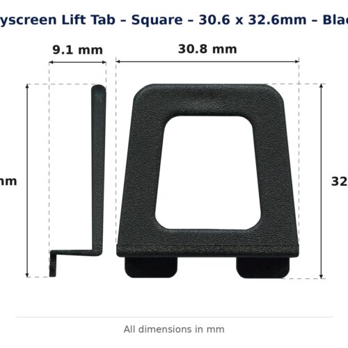 Dimension diagram for LFT4210BLK Flyscreen Lift Tab - TradeBase Australia. All dimensions in millimetres, drawn on the part.
