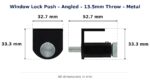 Window Lock Push – Angled – 13.5mm Throw – Metal dimension diagram. Every dimension measured in millimetres. TradeBase Australia part LPS2100.