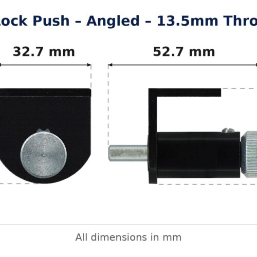 Window Lock Push – Angled – 13.5mm Throw – Metal dimension diagram. Every dimension measured in millimetres. TradeBase Australia part LPS2100.