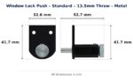 Window Lock Push – Standard – 13.5mm Throw – Metal dimension diagram. Every dimension measured in millimetres. TradeBase Australia part LPS2101.