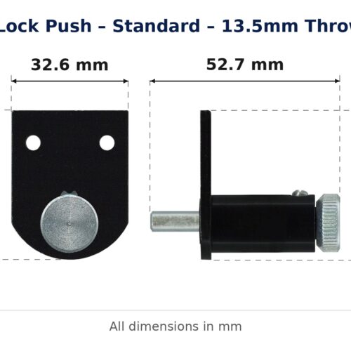 Window Lock Push – Standard – 13.5mm Throw – Metal dimension diagram. Every dimension measured in millimetres. TradeBase Australia part LPS2101.