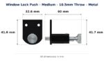 Window Lock Push – Medium – 10.5mm Throw – Metal dimension diagram. Every dimension measured in millimetres. TradeBase Australia part LPS2102.