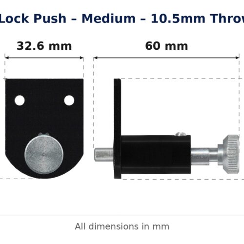 Window Lock Push – Medium – 10.5mm Throw – Metal dimension diagram. Every dimension measured in millimetres. TradeBase Australia part LPS2102.