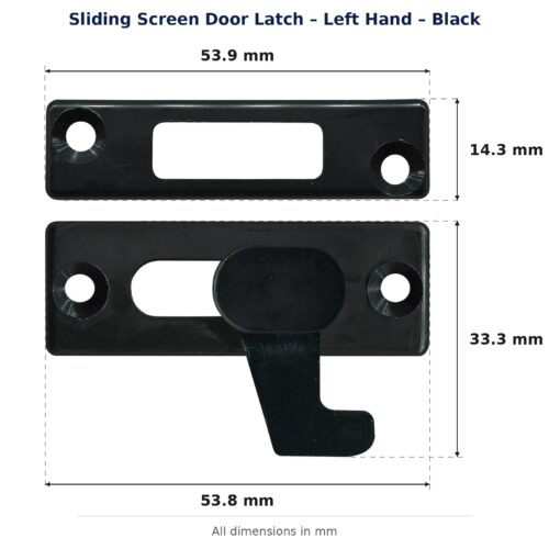 Dimension diagram for LTC6281 Sliding Screen Door Latch - TradeBase Australia. All dimensions in millimetres, drawn on the part.