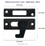 Dimension diagram for LTC6282 Sliding Screen Door Latch - TradeBase Australia. All dimensions in millimetres, drawn on the part.