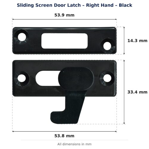 Dimension diagram for LTC6282 Sliding Screen Door Latch - TradeBase Australia. All dimensions in millimetres, drawn on the part.