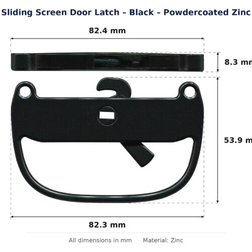 Dimension diagram for LTC8080 Sliding Screen Door Latch - TradeBase Australia. All dimensions in millimetres, drawn on the part.