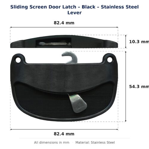 Dimension diagram for LTC8081 Sliding Screen Door Latch - TradeBase Australia. All dimensions in millimetres, drawn on the part.