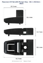 Dimension diagram for LTS4640BLK Flyscreen Lift Tab with Plunger Stay - TradeBase Australia. All dimensions in millimetres, drawn on the part.