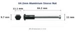 64.2mm Aluminium Sleeve Nut – Suits Lock Pulls 4-8590 and 4-8660 dimension diagram - overall 64.2 mm x 11 mm, every dimension measured in millimetres. TradeBase Australia part NUTSLV64.