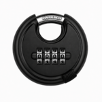 TradeBase 70mm black combination disc padlock with resettable 4-dial code and shrouded hardened steel shackle