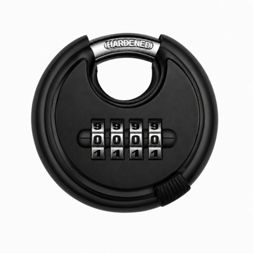 TradeBase 70mm black combination disc padlock with resettable 4-dial code and shrouded hardened steel shackle