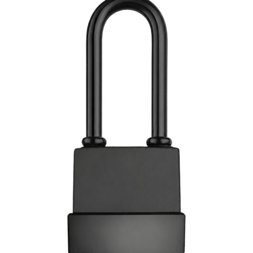 Black waterproof covered padlock with long fully coated no-rust hardened steel shackle and sealed thermoplastic body