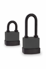 55mm and 80mm black waterproof covered padlocks side by side showing the size difference in body and shackle