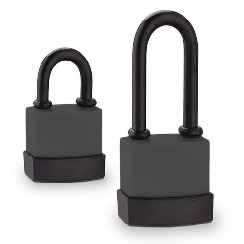 55mm and 80mm black waterproof covered padlocks side by side showing the size difference in body and shackle