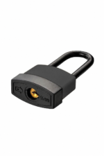 55mm black waterproof covered padlock side view showing brass keyway and thermoplastic-encased hardened steel shackle