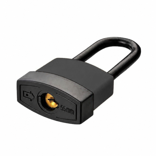 55mm black waterproof covered padlock side view showing brass keyway and thermoplastic-encased hardened steel shackle