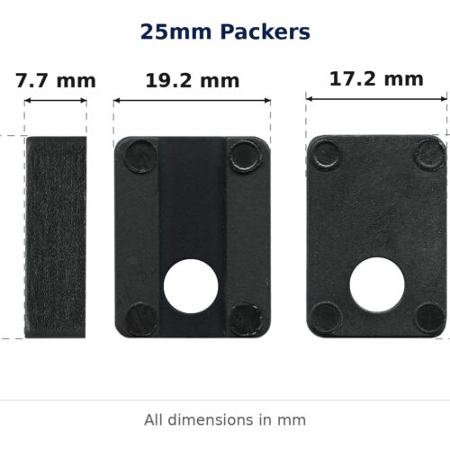 25mm Packers – Suits Patio Doors dimension diagram - overall 19.2 mm x 25 mm, every dimension measured in millimetres. TradeBase Australia part PKG25.