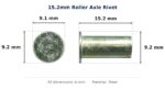 15.2mm Roller Axle Rivet – Suits Roller dimension diagram - overall 15.2 mm x 9.2 mm, every dimension measured in millimetres. TradeBase Australia part RIVAXL15.
