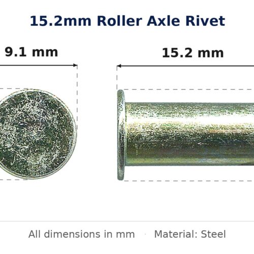 15.2mm Roller Axle Rivet – Suits Roller dimension diagram - overall 15.2 mm x 9.2 mm, every dimension measured in millimetres. TradeBase Australia part RIVAXL15.