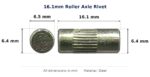 16.1mm Roller Axle Rivet – Suits Roller dimension diagram - overall 16.1 mm x 6.4 mm, every dimension measured in millimetres. TradeBase Australia part RIVAXL16.