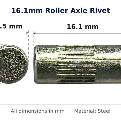 16.1mm Roller Axle Rivet – Suits Roller dimension diagram - overall 16.1 mm x 6.4 mm, every dimension measured in millimetres. TradeBase Australia part RIVAXL16.