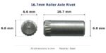 16.7mm Roller Axle Rivet – Suits Roller dimension diagram - overall 16.7 mm x 6.8 mm, every dimension measured in millimetres. TradeBase Australia part RIVAXL17.