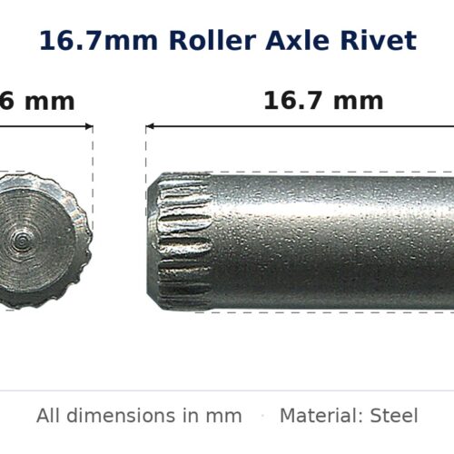 16.7mm Roller Axle Rivet – Suits Roller dimension diagram - overall 16.7 mm x 6.8 mm, every dimension measured in millimetres. TradeBase Australia part RIVAXL17.