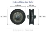 15.8mm Sliding Door Roller – Suits Window and Screen Doors dimension diagram - overall 15.8 mm x 15.6 mm, every dimension measured in millimetres. TradeBase Australia part ROL16CNC.