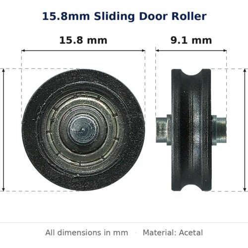 15.8mm Sliding Door Roller – Suits Window and Screen Doors dimension diagram - overall 15.8 mm x 15.6 mm, every dimension measured in millimetres. TradeBase Australia part ROL16CNC.