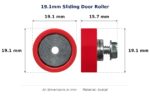 19.1mm Sliding Door Roller – Suits Shower Doors dimension diagram - overall 19.1 mm x 19.1 mm, every dimension measured in millimetres. TradeBase Australia part ROL19FLT.