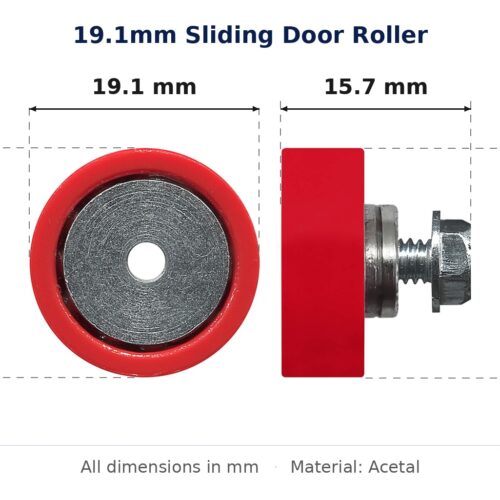 19.1mm Sliding Door Roller – Suits Shower Doors dimension diagram - overall 19.1 mm x 19.1 mm, every dimension measured in millimetres. TradeBase Australia part ROL19FLT.