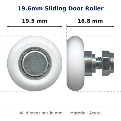 19.6mm Sliding Door Roller – Suits Wardrobe Doors dimension diagram - overall 19.5 mm x 19.6 mm, every dimension measured in millimetres. TradeBase Australia part ROL20CVX.
