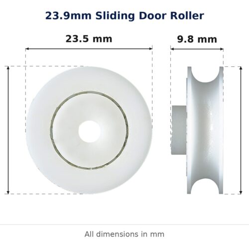 TradeBase 23.9mm Sliding Door Roller dimensions showing 23.5 mm, 9.8 mm, 23.9 mm, 23.7 mm