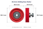28.4mm Sliding Door Roller – Suits Shower, Flyscreen or Wardrobe Doors dimension diagram - overall 28.4 mm x 28.3 mm, every dimension measured in millimetres. TradeBase Australia part ROL28FLT.