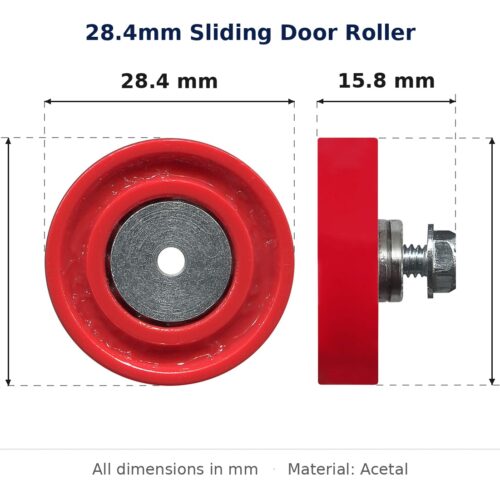 28.4mm Sliding Door Roller – Suits Shower, Flyscreen or Wardrobe Doors dimension diagram - overall 28.4 mm x 28.3 mm, every dimension measured in millimetres. TradeBase Australia part ROL28FLT.