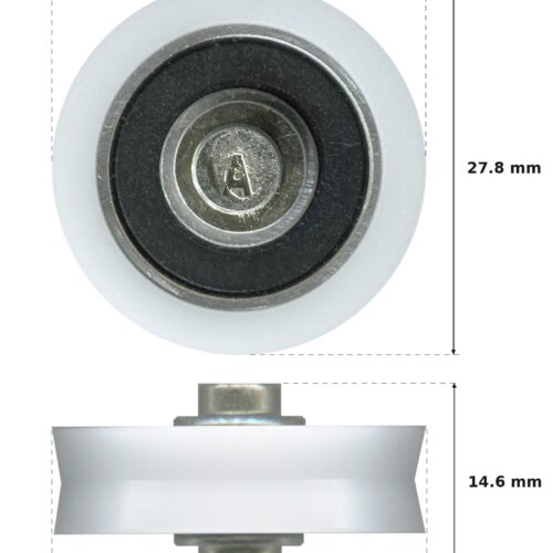 27.8mm Sliding Door Roller – Suits Screen Doors dimension diagram - overall 27.8 mm x 27.8 mm, every dimension measured in millimetres. TradeBase Australia part ROL28VGR.
