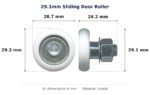 29.3mm Sliding Door Roller – Suits Hanging Doors dimension diagram - overall 28.7 mm x 29.3 mm, every dimension measured in millimetres. TradeBase Australia part ROL29CVX.