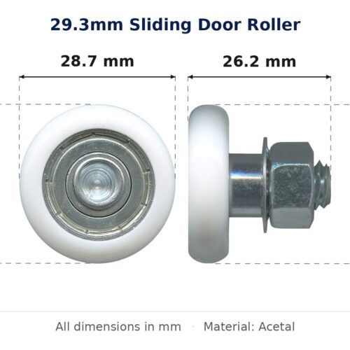 29.3mm Sliding Door Roller – Suits Hanging Doors dimension diagram - overall 28.7 mm x 29.3 mm, every dimension measured in millimetres. TradeBase Australia part ROL29CVX.