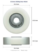 31.8mm Sliding Door Roller – Suits Screen Doors dimension diagram - overall 31.8 mm x 31.8 mm, every dimension measured in millimetres. TradeBase Australia part ROL32FLT.
