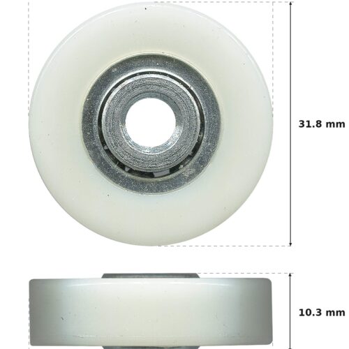 31.8mm Sliding Door Roller – Suits Screen Doors dimension diagram - overall 31.8 mm x 31.8 mm, every dimension measured in millimetres. TradeBase Australia part ROL32FLT.