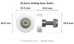 33.6mm Sliding Door Roller – Suits Hanging Doors dimension diagram - overall 33.6 mm x 29.9 mm, every dimension measured in millimetres. TradeBase Australia part ROL34CVX.