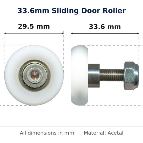33.6mm Sliding Door Roller – Suits Hanging Doors dimension diagram - overall 33.6 mm x 29.9 mm, every dimension measured in millimetres. TradeBase Australia part ROL34CVX.